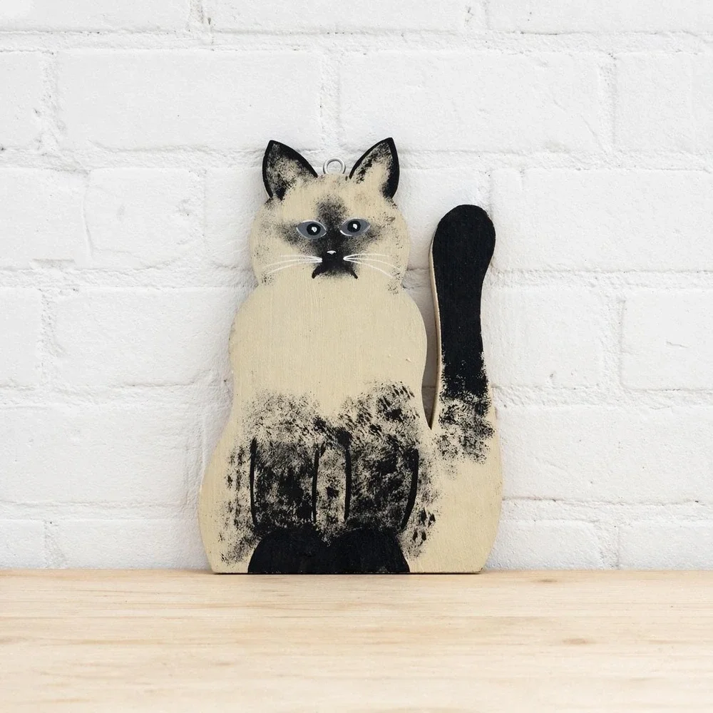Vintage 1980 Folk Art Hand Painted Wood Cat art 2